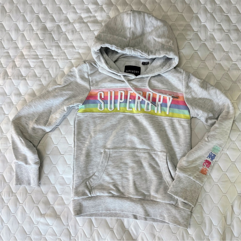 Superdry Hoodie Women US 6 Grey Rainbow Stripe Logo Pullover Sweatshirt